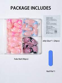 96片（4种混合设计）短方形莲花美甲贴纸，亚克力美甲贴花，适用于短指甲，包含1片果冻凝胶和1个指甲锉，易于佩戴，花卉和黑色美甲，适合女性/女孩日常、工作、舞会等场合。 - 彩色 - 查看 4