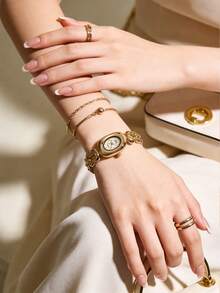 1pc Luxury Elegant Gold Women's Quartz Watch, Minimalist Fashionable Dial, Graceful Diamond-Encrusted Markings, Asymmetrical Gold Alloy Chain Strap, Minimalist Luxury Style, Perfect Match For Modern Casual Outfits - White - View 7