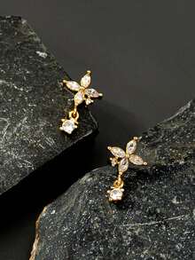Bông tai hình hoa đính đá Cubic Zirconia thanh lịch - Nhẫn hình bướm đính đá Cubic Zirconia có thể điều chỉnh kích thước thời trang - Nhẫn hở hình hoa đôi sang trọng duyên dáng. - Vàng - Xem 10