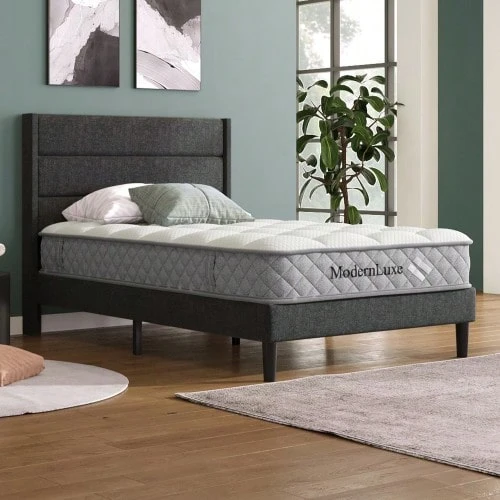 Klädd säng 90 x 200 cm, sängram med ribbotten och huvudgavel, dubbel klädd säng, grått linneöverdrag, tidlös modern design, barnsäng (med madrass) - Grå - Visa 1