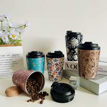 1pc 350ml/11.84oz Stainless Steel Vacuum Insulated Tumbler, Elegant Floral Pattern Coffee Cup, Car Water Bottle - Multicolor - View 2