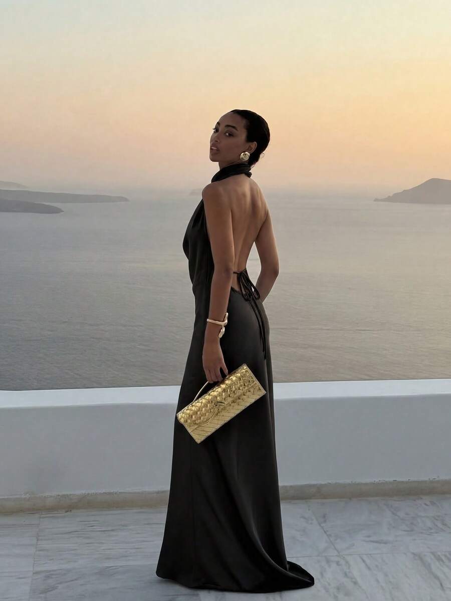 Basrey Black Solid Color Tie-Waist Backless Mid-Length Formal Dress, Suitable For Formal Banquets, Weddings, Parties And Dates Party - Black - View 1