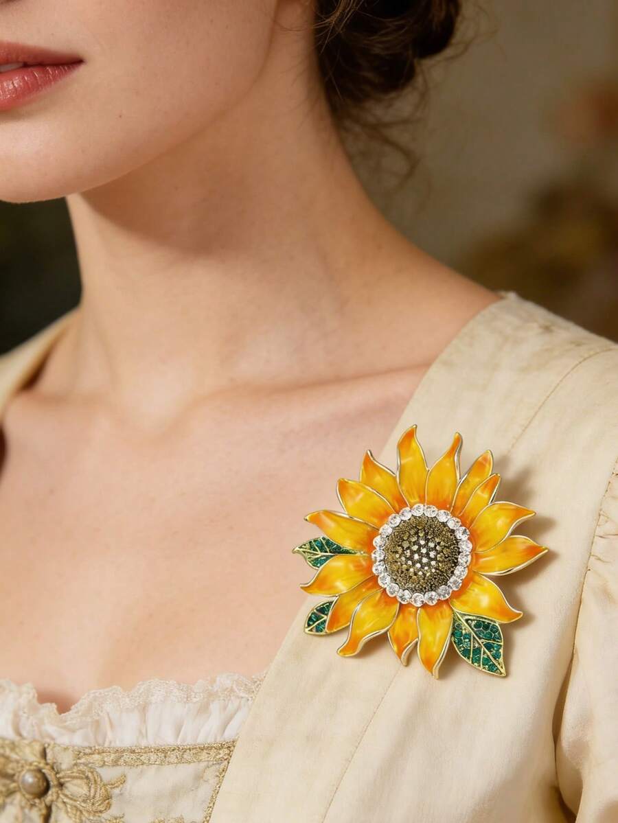 1 pieza Broche de esmalte con diseño de girasol de moda, elegante accesorio de flor para mujer, versátil accesorio para abrigo - Multicolor - Ver 1