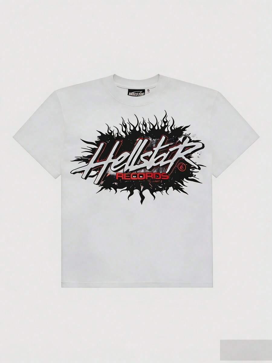 Hellstars Records Flame Burst Vintage Graphic T-Shirt,220g 100% Cotton,Round Neck Short Sleeve,White Streetwear Essential,Unisex Style - White - View 1
