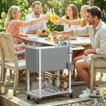 Outsunny Carrito Nevera de 56L con Ruedas, Carro de Bebidas con Estante, Abrebotellas, Recogetapas, Drenaje y Asa, Mesa Nevera Jardín Exterior para Patio, Fiesta, BBQ, 84x38x83 cm, Gris - Gris - Ver 1