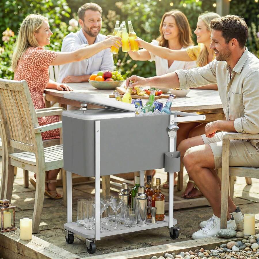 Outsunny Carrito Nevera de 56L con Ruedas, Carro de Bebidas con Estante, Abrebotellas, Recogetapas, Drenaje y Asa, Mesa Nevera Jardín Exterior para Patio, Fiesta, BBQ, 84x38x83 cm, Gris - Gris - Ver 1