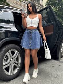 Mobula Sound# Casual Chic Fashion Elegant Vacation Style Denim A-Line Flared Mini Skirt For Women, Suitable For Spring/Summer Music Festival - Fried Flower Dark Blue - View 4
