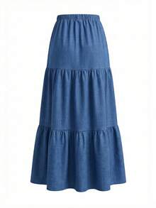 EARO Women's Long Layered Skirt, Drawstring Waist, Casual Fabric, Non-Stretch, Suitable For Daily Wear Spring - Blue - View 3