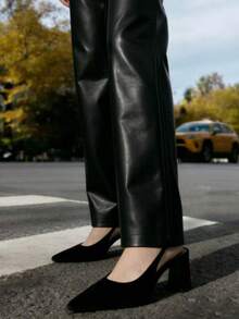 女士棕色高跟鞋，2025秋季新款尖头穆勒鞋，棕色露趾粗跟鞋 - 黑色 - 查看 4