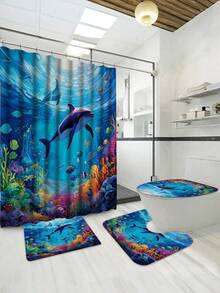 1/4件套海豚图案浴帘和地垫，蓝色海洋海底世界浴帘，涤纶防水浴帘带12个挂钩，浴室地垫，U型马桶垫，马桶盖套 - A - 查看 15