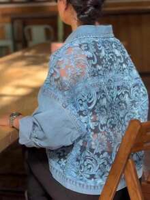 Retro European And American 2026 Spring And Autumn New Heavy Industry Lace Bohemian Style Flower Embroidery Perspective Back Denim Coat Women's Loose Fashion Casual Lace Splicing Denim Coat Jacket - Màu xanh lam - Xem 4