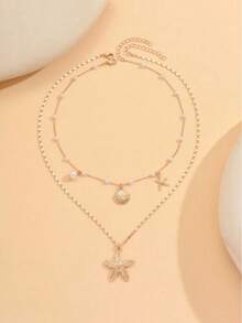 2pcs/Set Summer Necklace With Charms, Fashion Ocean Life Pendant Jewelry Set Suitable For Women Daily/Vacation Wear - Gold - View 3