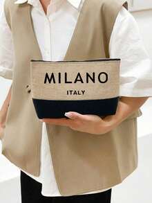 This Women's Beach Themed Handbag Set Features The Artistic "Milano Italy" Logo And Includes A Large Capacity Handbag And Two Makeup Bags. - Multicolor - View 15