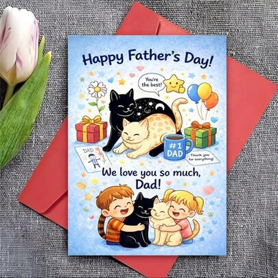 Thiệp chúc mừng ấm áp "Chúng con yêu bố rất nhiều", hình minh họa trẻ em và mèo.