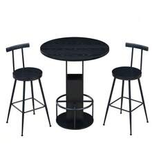 3-Piece Bar Table And Stool Set, 31.5-Inch Round Table With Two Stools, Wooden Dining Table With Ring-Shaped Metal Footrest. Suitable For Dining Rooms, Cafes, Bars, Living Rooms, Etc. - Black - View 2
