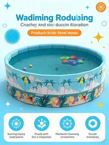1pc Tropical Round Swimming Pool, Portable Foldable Pool Without Inflation, Blue Palm Tree Print, PVC & Oxford Fabric Material, Quick Setup Home Pool, Suitable For Backyard, Beach, Garden And Indoor Summer Fun - A - View 10