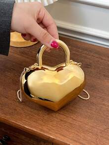 女士新款时尚奢华香槟金心形亚克力硬壳手拿包，带金属链的便携式单肩包 - 香檳色 - 查看 8