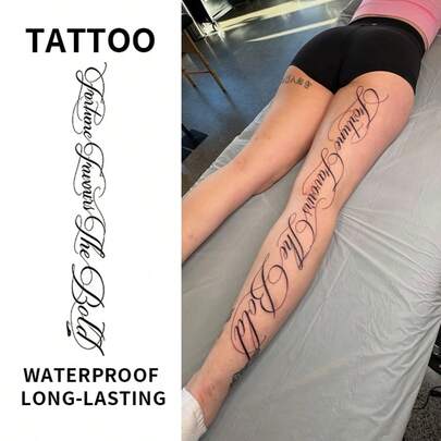 La fortuna favorece a los audaces Tatuaje de pierna | Tatuaje temporal impermeable, dura de 10 a 14 días, pegatina de tatuaje falso grande unisex, material de papel, decoración personalizada, impermeable, a prueba de sudor y a prueba de frotamiento, arte corporal semipermanente, adecuado para fiestas, San Valentín - Diseño exquisito para varias ocasiones