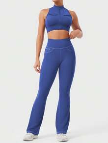 YEOREO CoreFlex Women Workout Mini Flare Leggings With Pockets Hidden Scrunch Cargo Gym Casual Denim-Look Yoga Pants Summer Clothes For Women - Xanh coban - Xem 9