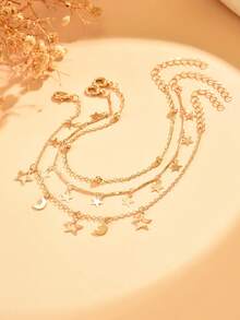 3pcs/Set Fashionable Elegant Star & Moon Tassel Anklet, Multi-Layer Gold Chain Layered Foot Jewelry Suitable For Daily Wear And Vacation, Chain Length Customizable - Gold - View 3