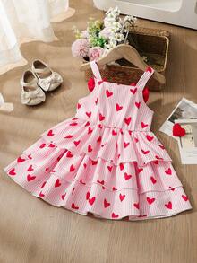 Toddler Girls' Summer Stylish Cute Dress, Bowknot Decor, Cartoon Heart Print, Pink & White Striped Sleeveless Off-Shoulder A-Line Dress - Multicolor - View 2