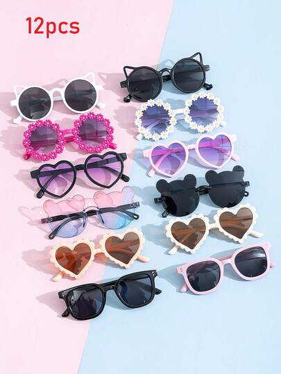 12 piezas/1 pieza Gafas de moda con forma de osito pequeño para niños, perfectas para uso diario. Gafas de moda con formas de ositos pequeños y formas de flores para niños, aptas para uso diario con estuche