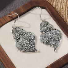 Vintage Silver-Tone Copper Earrings, Delicate Filigree Heart Shaped Earrings, Beautiful Drop Earrings, Jewelry Gift For Her - Silver - View 5