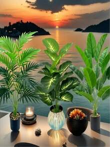 3棵人造盆栽棕榈树，塑料花盆，室内/室外装饰，落地式，花园装饰，适合春季、感恩节等各种场合，不含花盆 - 彩色 - 查看 6