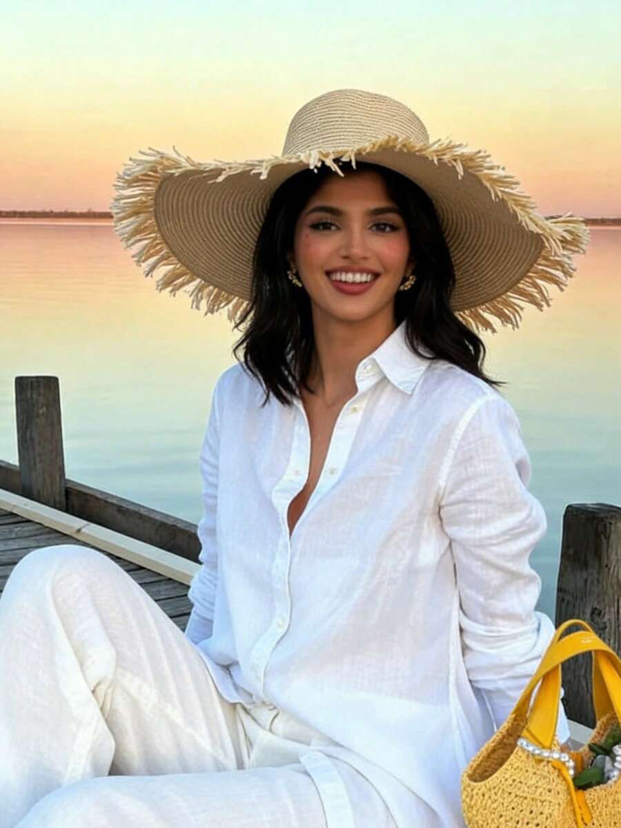 1 chiếc mũ rơm nữ, mũ rộng vành che nắng thích hợp cho bãi biển, du lịch, kỳ nghỉ, chống tia UV, mùa xuân/hè. - Màu be - Xem 1