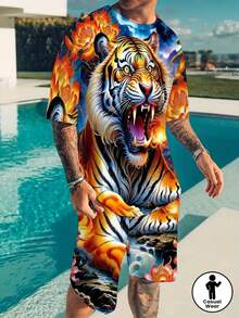 Set da 2 pezzi da uomo con stampa tigre, composto da camicia a maniche corte e pantaloncini, tuta sportiva, traspirante e ad asciugatura rapida, adatta per il tempo libero quotidiano e le attività all'aperto. - Colori misti - Visualizzare 6