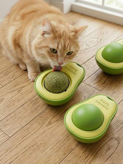 1pc Avocado-Shaped Peppermint Cat Lick Ball 360-Degree Rotatable Licking Ball Cat Toy Help Cats Clean Their Mouths And Grind Their Teeth Comes With Adhesive Strips For Indoor Interactive Cat Toys That Stick To Walls Or Table Legs Pet Chew Toys Cat Supplies