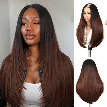 24-Inch Layered U-Part Wig With Highlighted Brown Straight Hair, V-Part Lightweight Synthetic Fiber Wig, Glueless Upgrade U-Part Wig, No Residue V-Part Clip-In Half Wig