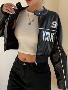 Women's Fashion Short Baseball Jacket, Stand Collar Long Sleeve, Zipper Detail, Printed "NEW YORK", Casual Outerwear - Black - View 4