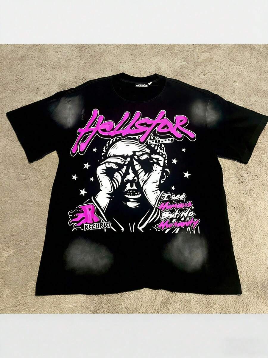 Hellstars 2024 I See Humans But No Humanity Y2K Graphic T-Shirt,220g 100% Cotton,Round Neck Short Sleeve,Black Streetwear Essential For Summer Going Out,Unisex Style - 黑色 - 查看 1