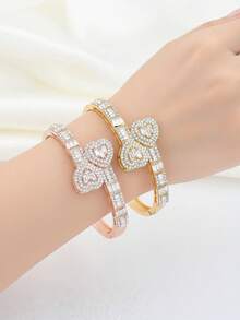 Luxury Iced Out Double Heart Bangle, Bridal Wedding & Banquet Jewelry, Elegant Sparkling Bracelet For Ladies - The Queen's Exclusive Bracelet - View 2