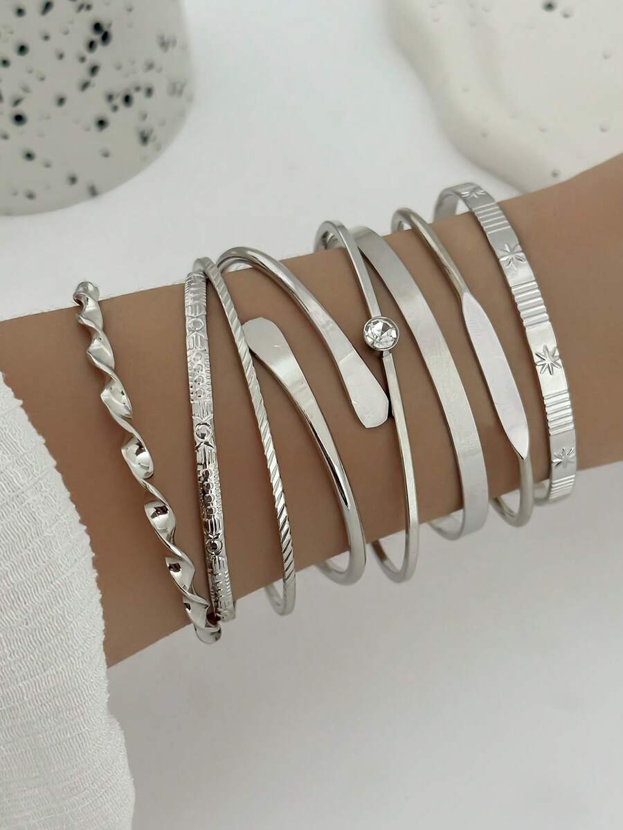Bộ 8 vòng tay xoắn đính đá lấp lánh tối giản thời trang, bộ vòng tay khắc hình ngôi sao nhiều họa tiết dành cho nữ. - Bạc - Xem 1