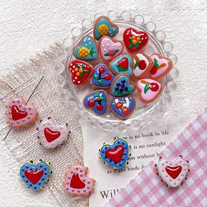 5/10 حبة زجاجية مطلية باليد بنقاط دائرية على شكل قلب الدوبامين متعددة الألوان، حبات ملونة على شكل قلب الفاكهة والزهور، حبات DIY يدوية للقلادة والسوار والأقراط وسلسلة المفاتيح وحزام الهاتف، للجنسين