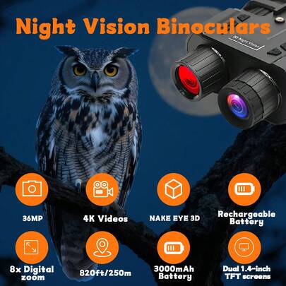 Suier Gafas de visión nocturna 4K, binoculares de visión nocturna para adultos con manos libres con un alcance visual de 250 m en completa oscuridad, zoom digital 8X, adecuados para aventuras al aire libre