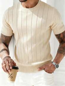 GRDR Men's Summer Ribbed Crew Neck Lightweight Knit Short Sleeve Sweater - Apricot - View 2