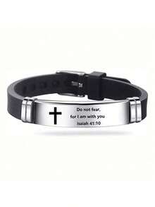1pc Adjustable Men's Christian Bracelet Stainless Steel And Silicone Strap With Cross Charm And Bible Verse Inspirational Religious Jewelry Gift For Husband Father Boyfriend Son - 銀 - 查看 2