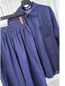 Linen Shirt And Pants Set (2 Pieces), Lined With Elastic. - Azul Marino - Ver 5