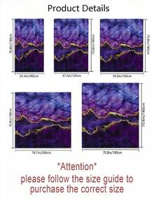 四件套金色镶边大理石纹浴室帘套装，包含浴帘、浴室地垫（包括浴垫、U型地垫和马桶盖垫）和12个挂钩 - 紫色 - A - 查看 4