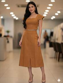 Women's Tailored Set: Cropped Top With Ruffled Sleeves, Midi Skirt With Front Slit, High Waist. Elegant Women's Fashion Set ✨ Casual, Vacation, Beach - 駝色 - 查看 1