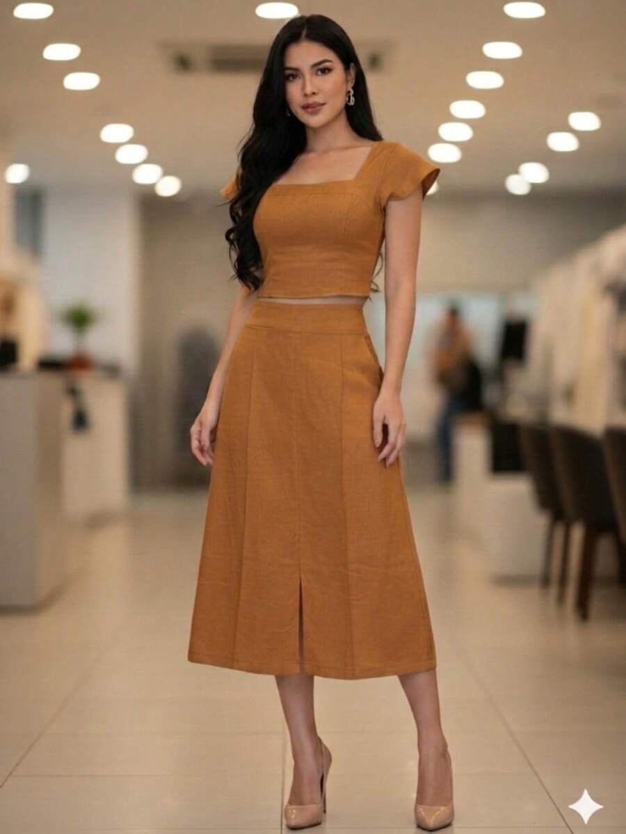 Women's Tailored Set: Cropped Top With Ruffled Sleeves, Midi Skirt With Front Slit, High Waist. Elegant Women's Fashion Set ✨ Casual, Vacation, Beach - 駝色 - 查看 1