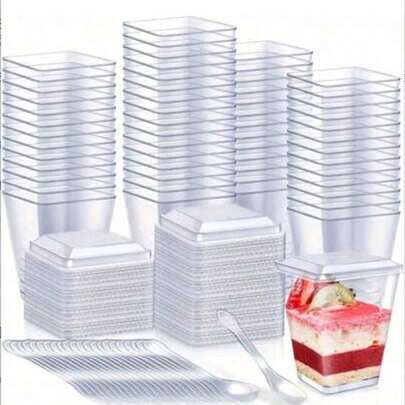 10/20/25/50/100 piezas Vasos cuadrados de 5oz/150ml con tapas - Vasos transparentes para fiestas para uso en exteriores, adecuados para yogur parfait, helado, pastel de queso y mini postres - Bandejas de postres para cumpleaños, bodas, fiestas (Navidad, Eid) y celebraciones | Exhibición de postres festivos
