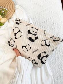 米色可爱熊猫图案灯芯绒化妆包、手提包、洗漱包，大容量，便携，带拉链旅行收纳包，宿舍必备，女生礼物，节日礼物，返校礼物，化妆品收纳 - 米色 - 查看 11