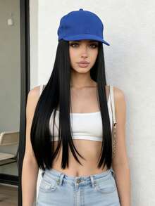 女士直发棒球帽假发，带长发接发，合成长直发假发帽，可调节棒球帽假发 - 彩色 - 查看 5