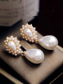 1条项链和1对耳环套装，椭圆形复古优雅奢华仿珍珠双层项链首饰套装，适合婚礼和度假佩戴 - 彩色 - 查看 6