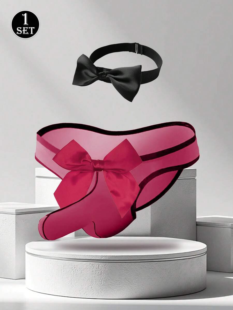Men's Red Sexy Bow Decor Briefs, Thin Mesh Semi-Sheer Breathable Comfortable Daily Wear Thong With Bow Decor Necklace - Red - View 1