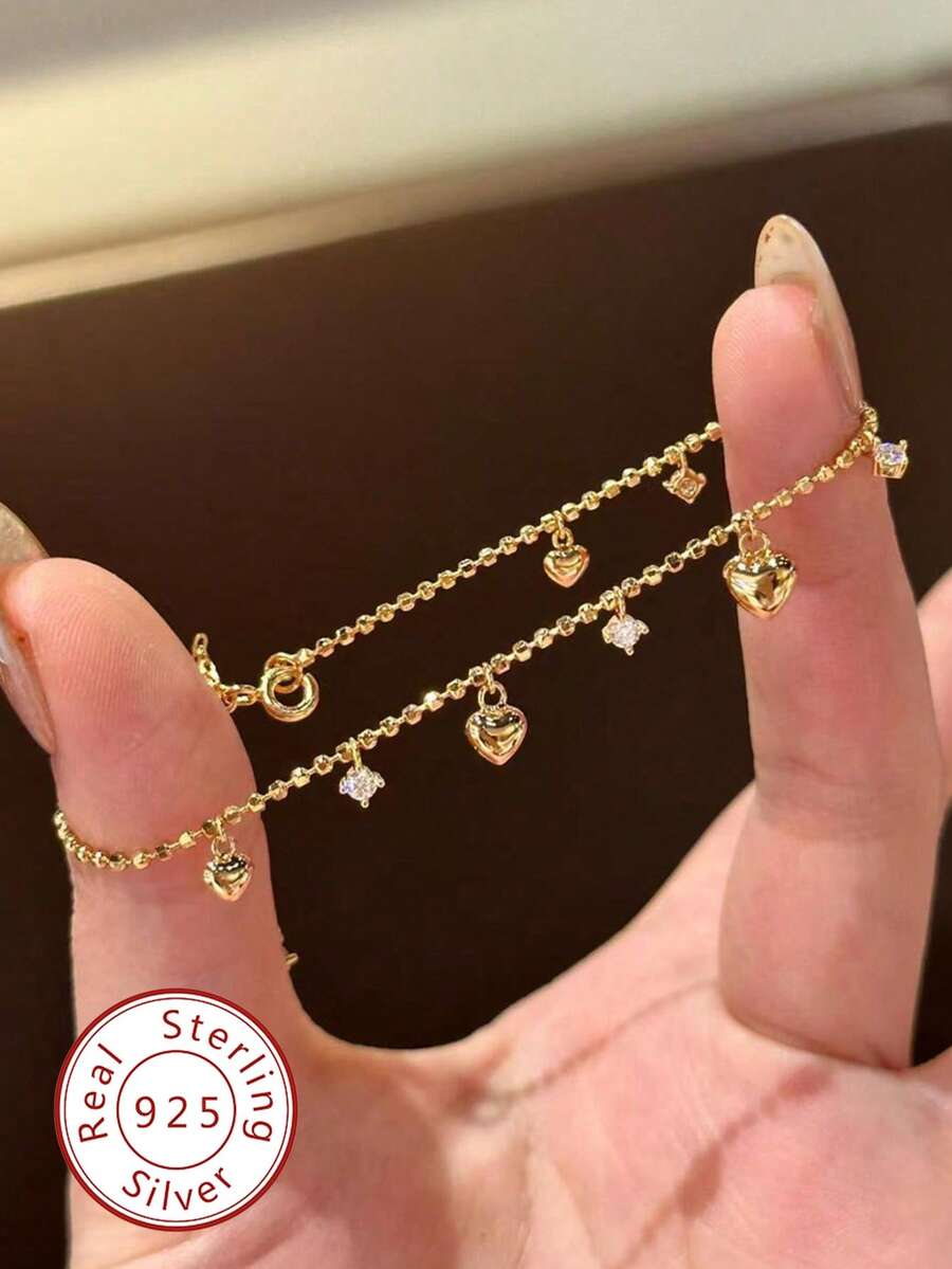 1条S925纯银心形手链，镶嵌钻石，女士礼物，适合约会、毕业典礼、生日和日常佩戴 - 心形鑽石手鍊 - 查看 1